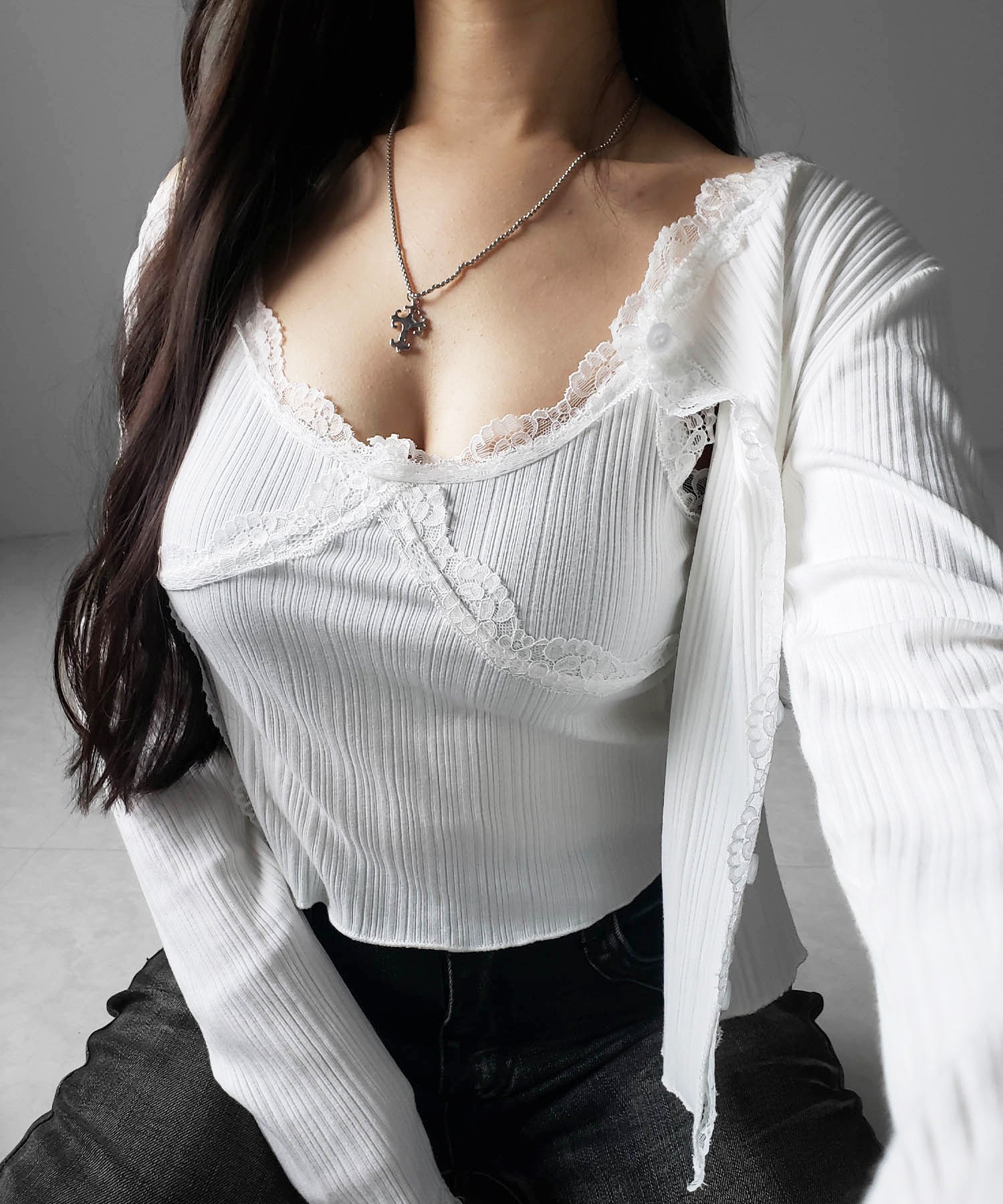 【 2点セット 】レースドッキングリブキャミソール + カーディガンセット / lace docking lib camisole + cardigan SET