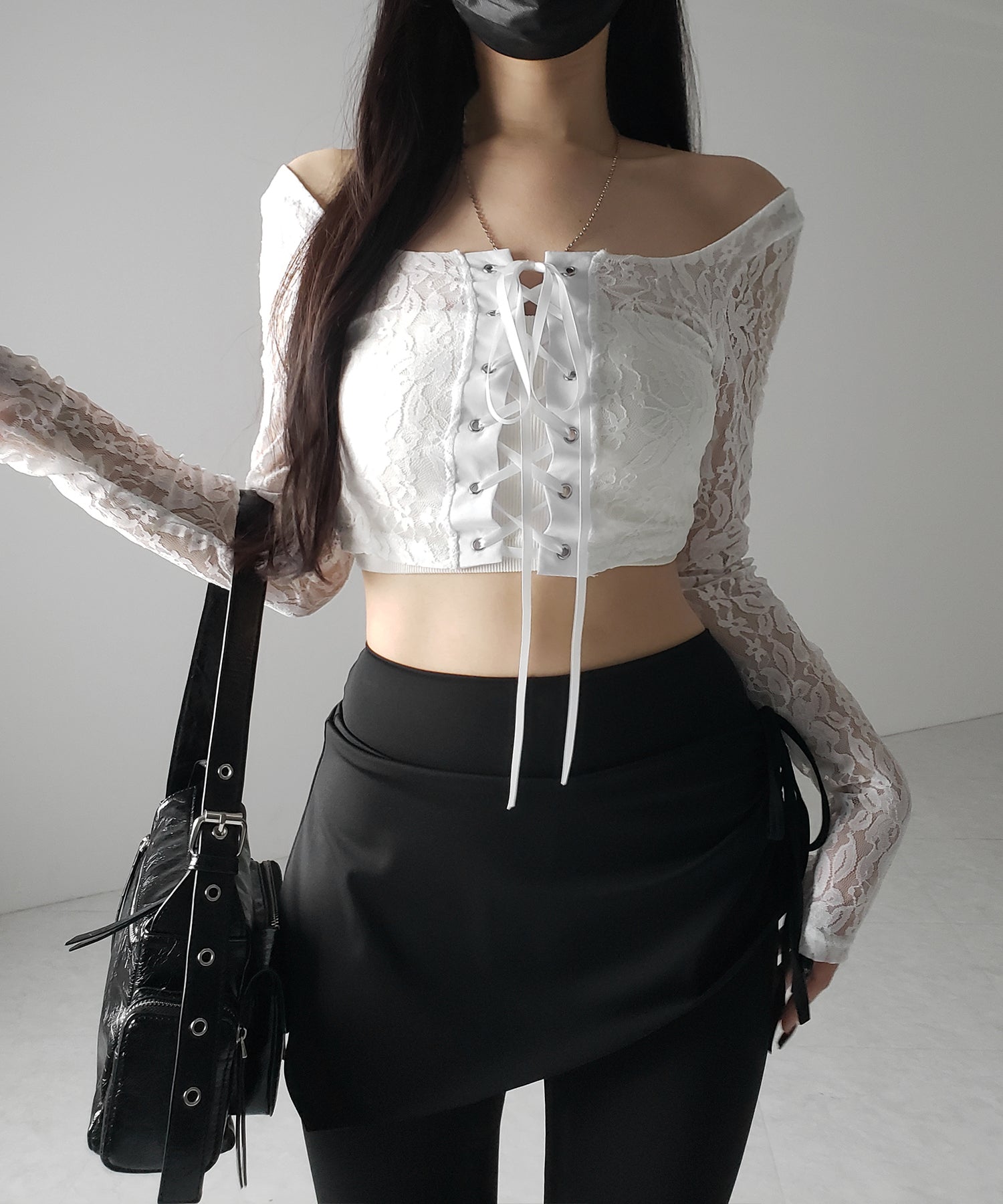 【 2color 】レースアップコルセットリボンショートレーストップス / laceup corset ribbon short lace tops