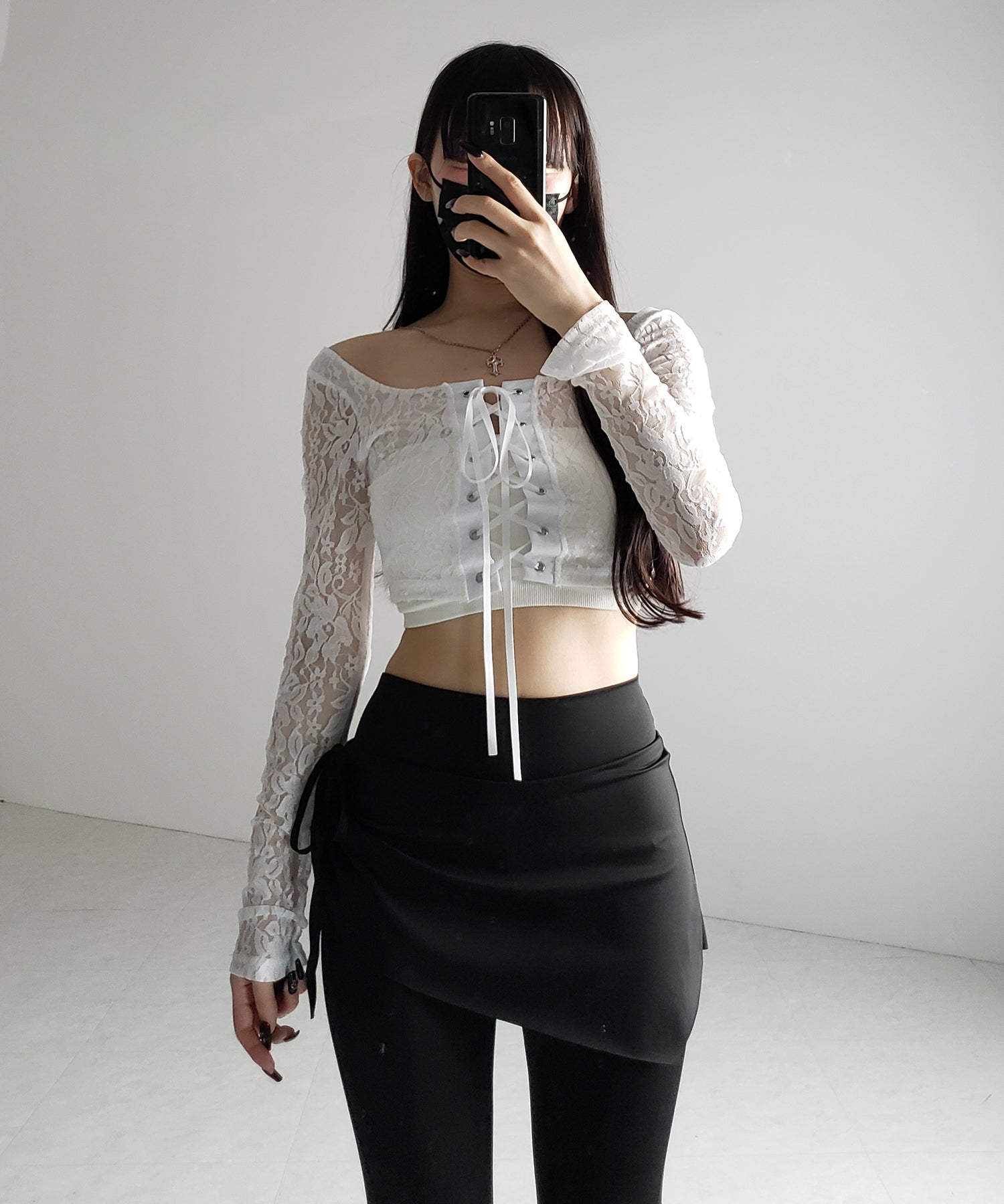 【 2color 】レースアップコルセットリボンショートレーストップス / laceup corset ribbon short lace tops