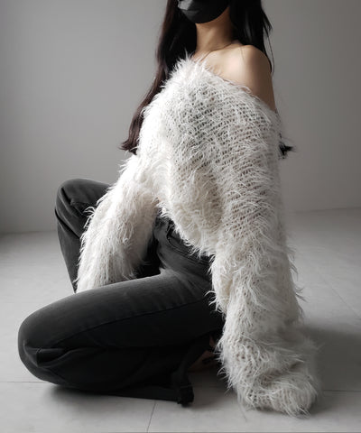 【 選べる6色展開 】フラッフィーシャギールーズショートニット / fluffy shaggy loose short knit