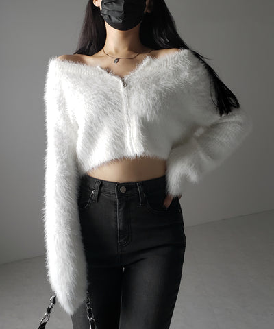 フロントジップショートシャギーニットカーディガン / front zip short shaggy knit cardigan