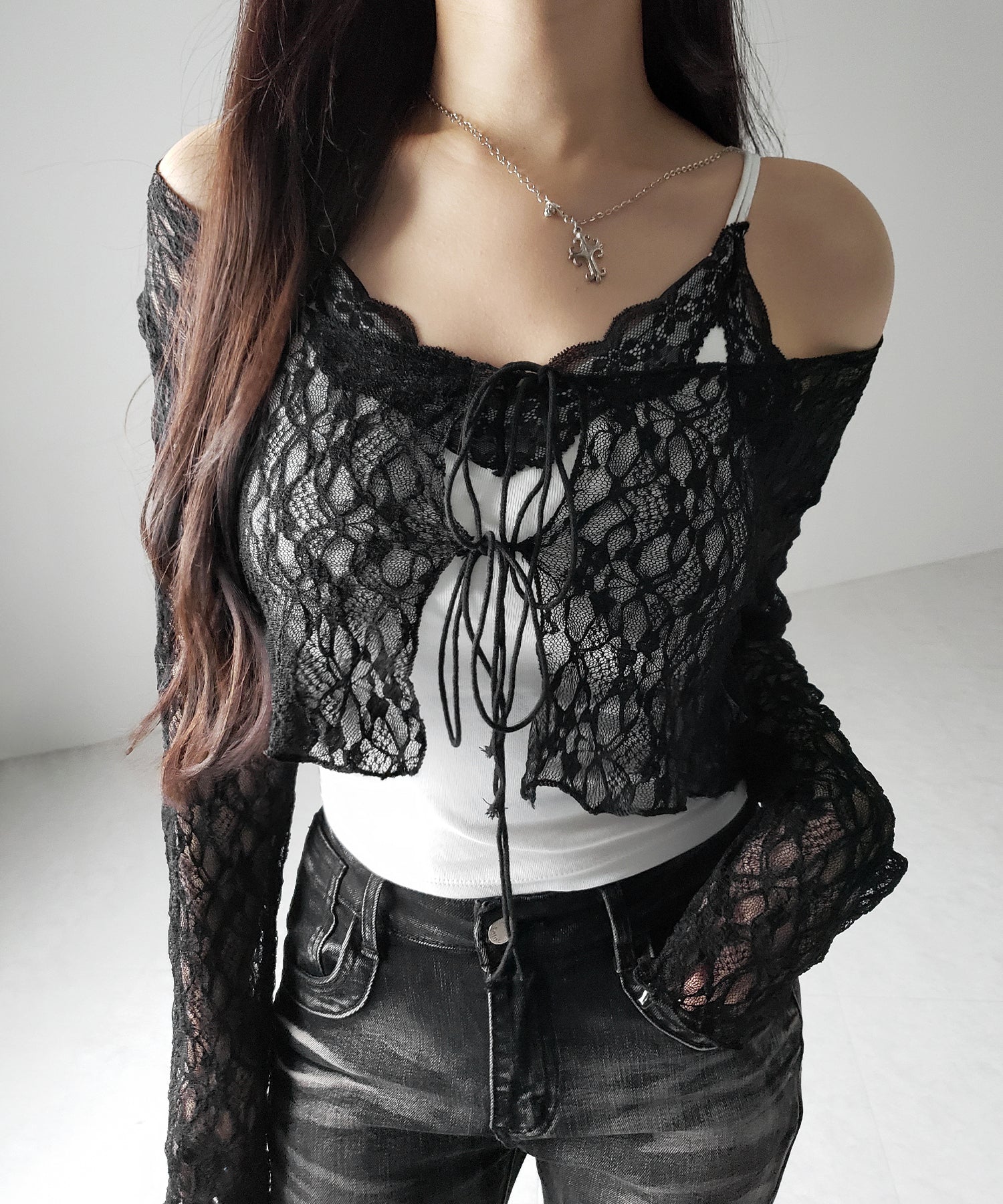【 新色ピンク追加!カップ付き 】配色レースクロップドリブキャミソール / bicolor lace cropped rib camisole