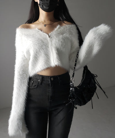 フロントジップショートシャギーニットカーディガン / front zip short shaggy knit cardigan
