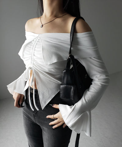 シャーリングフロントスリットオフショルトップス / shirring front slit offshoulder tops