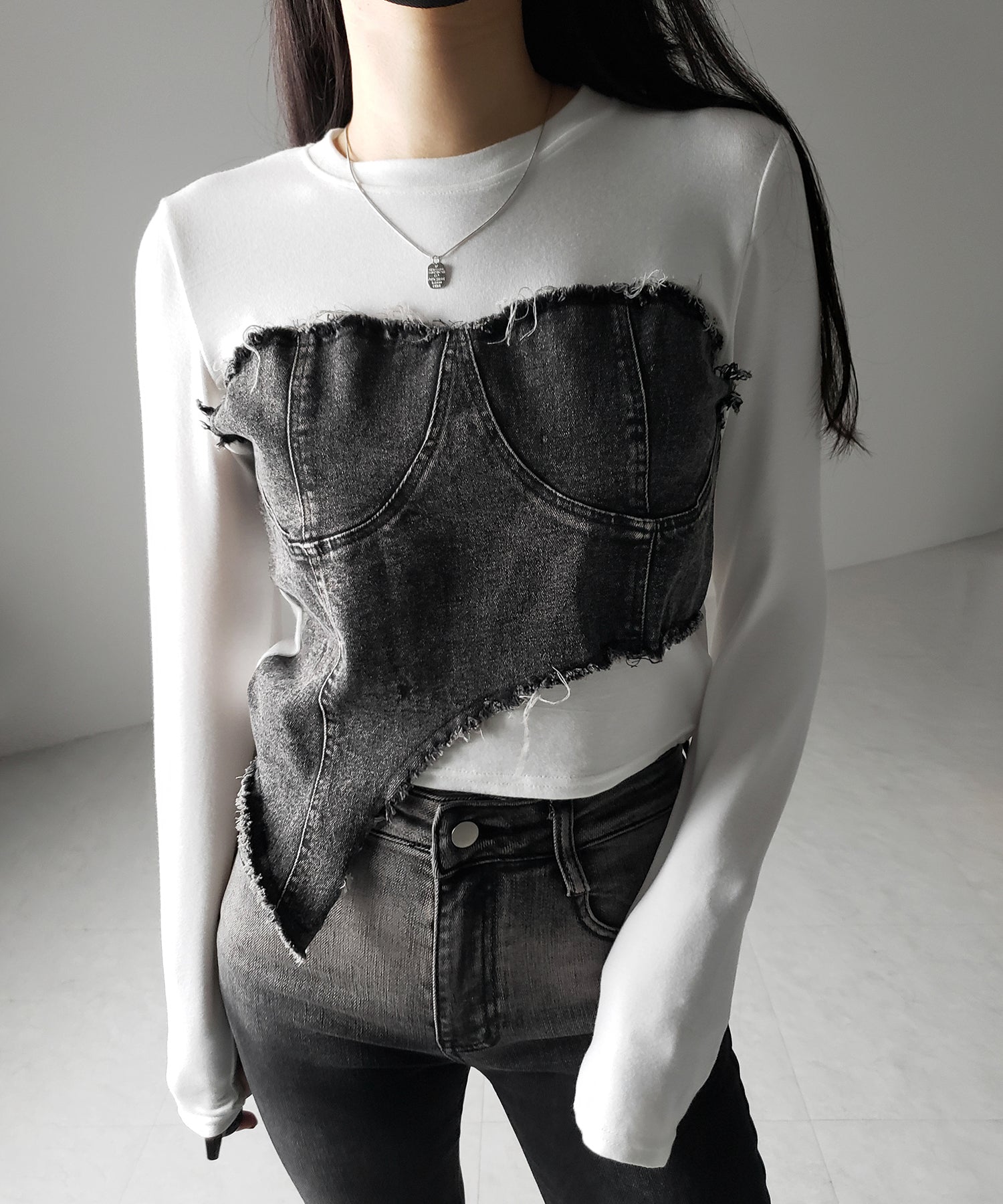 【 2color 】ダメージデニムビスチェドッキングTシャツ / damage denim bustier docking Tee