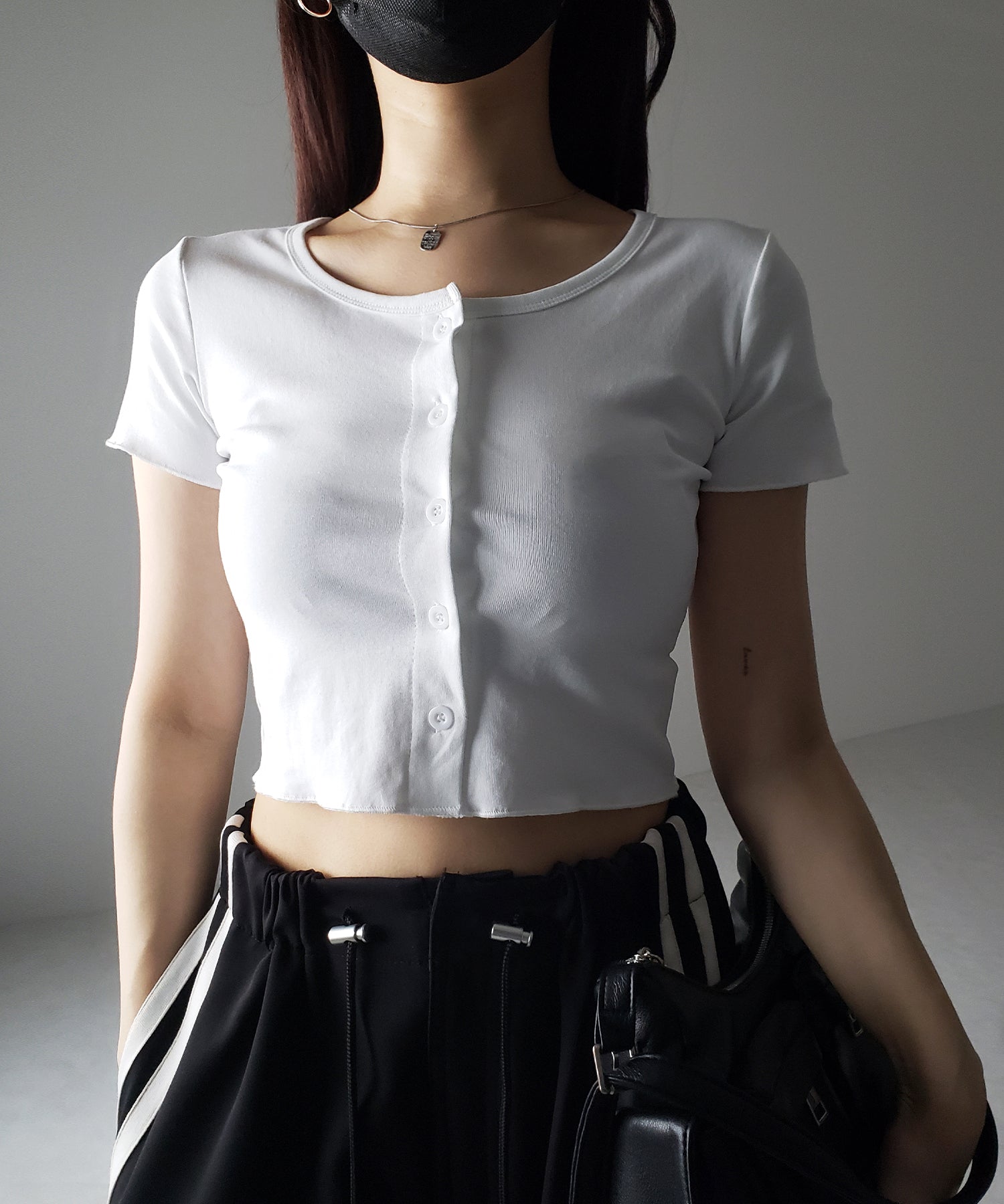 【 3color 】フロントボタン半袖メローショートTシャツ / front button mellow short Tee