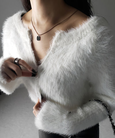 フロントジップショートシャギーニットカーディガン / front zip short shaggy knit cardigan