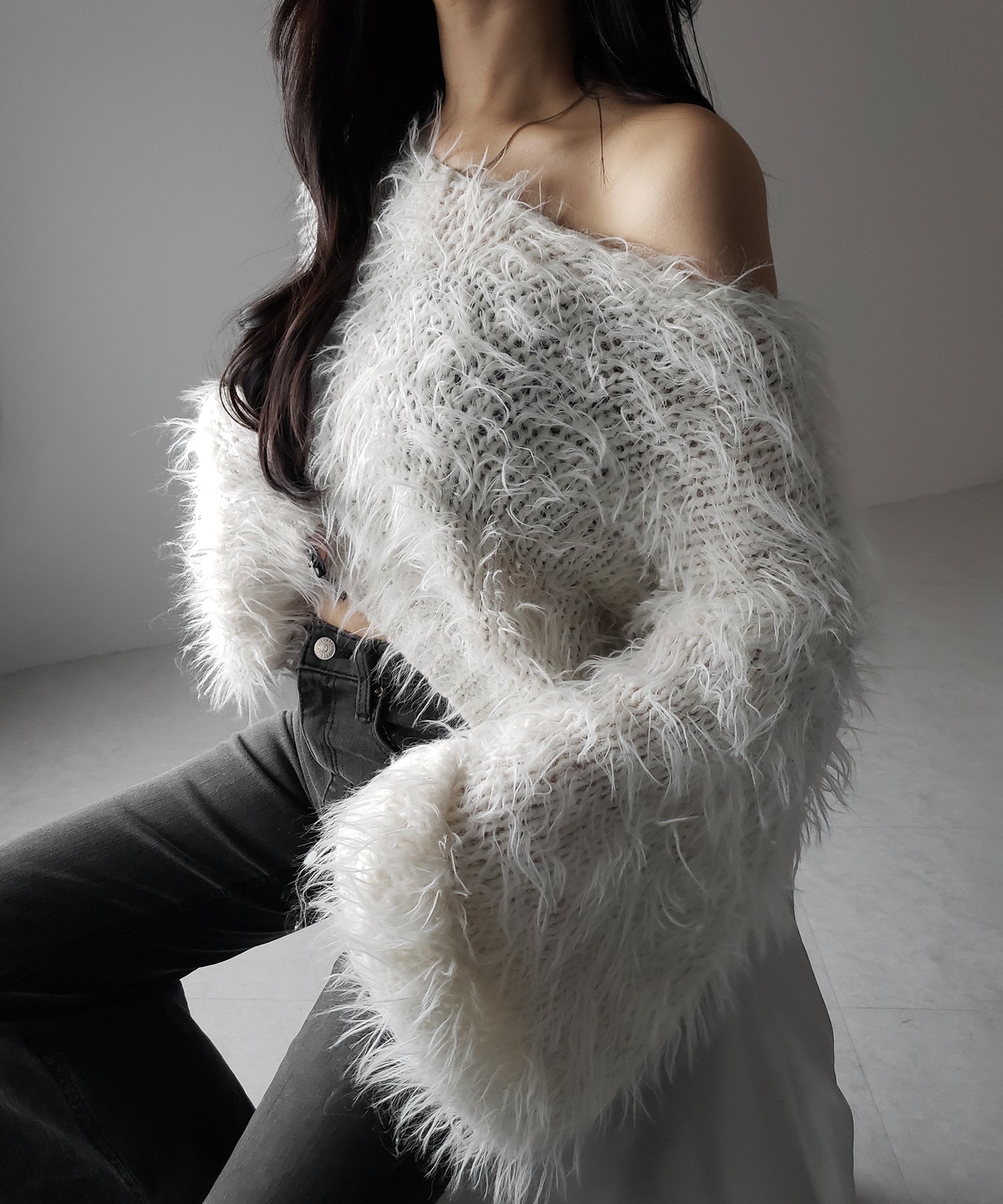 【 選べる6色展開 】フラッフィーシャギールーズショートニット / fluffy shaggy loose short knit