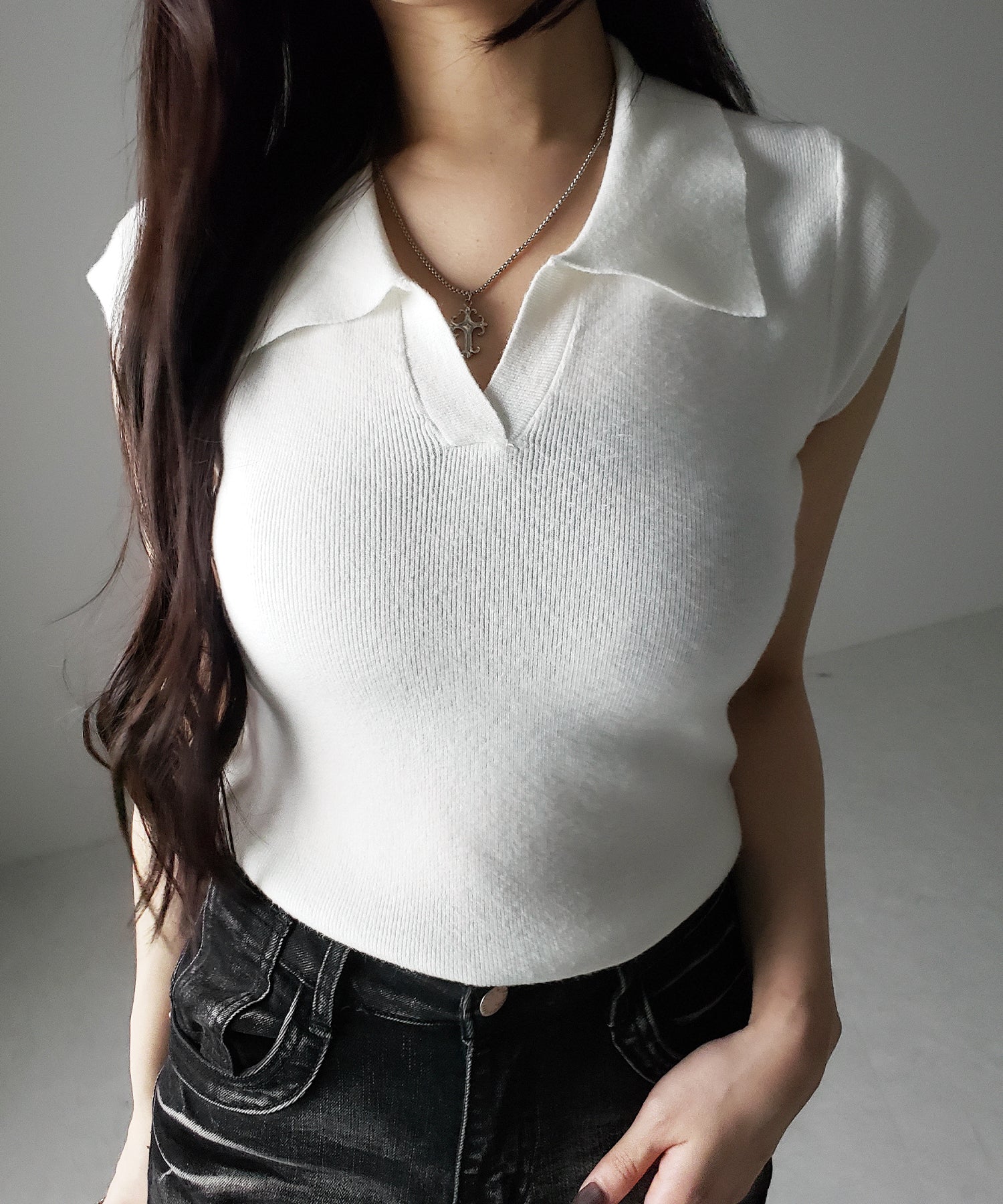 スキッパー半袖ニットトップス /skipper short sleeve knit tops