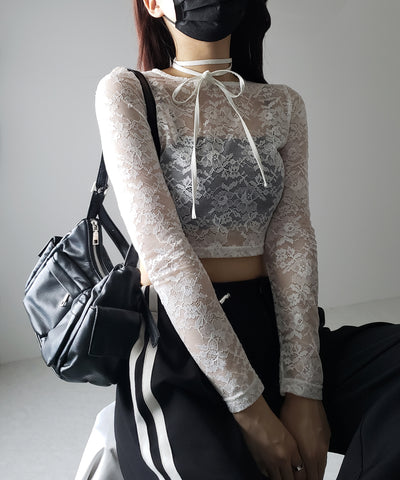 ストラップリボンショートレーストップス / strap ribbon short lace tops
