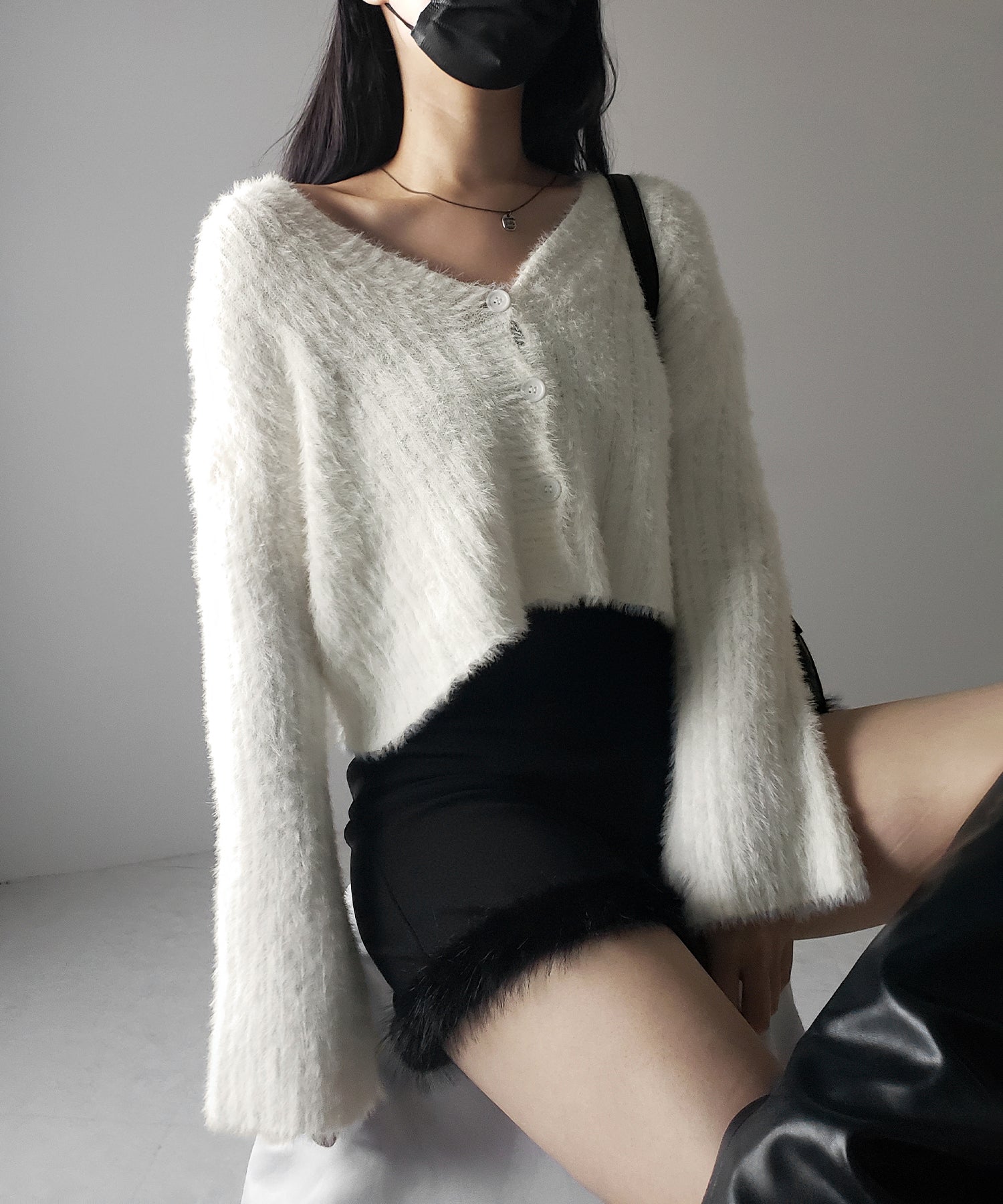 【 3color 】ショートシャギーリブニットカーディガン / short shaggy lib knit cardigan