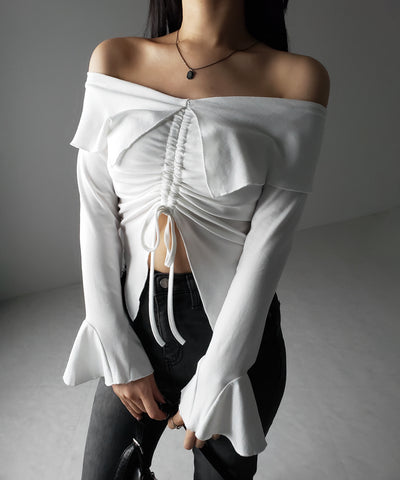 シャーリングフロントスリットオフショルトップス / shirring front slit offshoulder tops