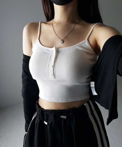 【 カップ付き 】フロントボタンヘンリーネックショートリブキャミソール / front button henry neck short rib camisole