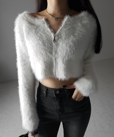 フロントジップショートシャギーニットカーディガン / front zip short shaggy knit cardigan