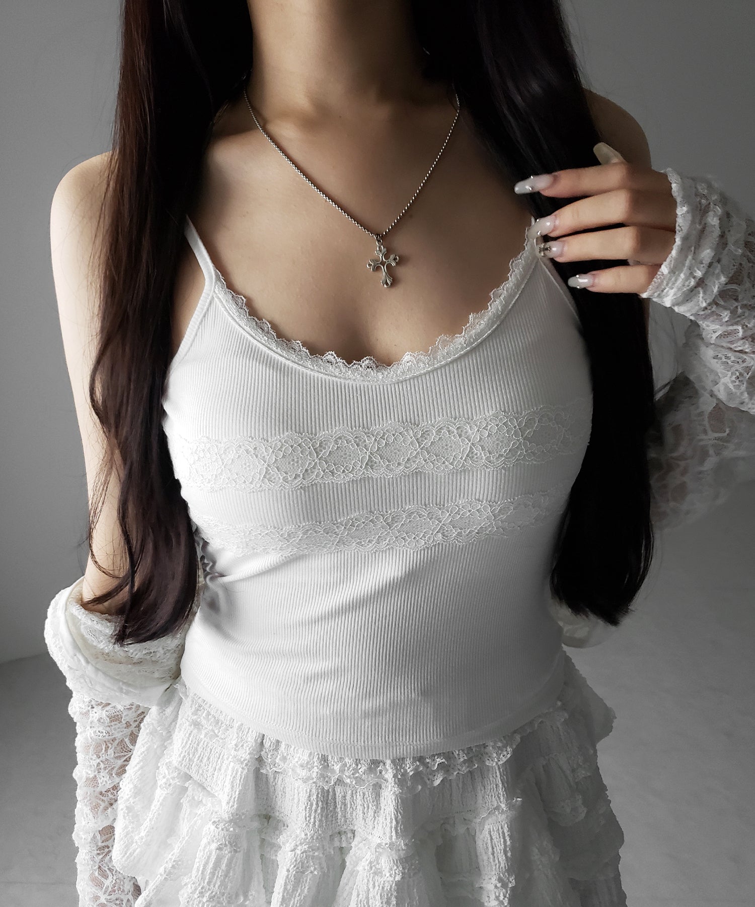 ダブルレース切替リブキャミソール / double lace switching ribbed camisole