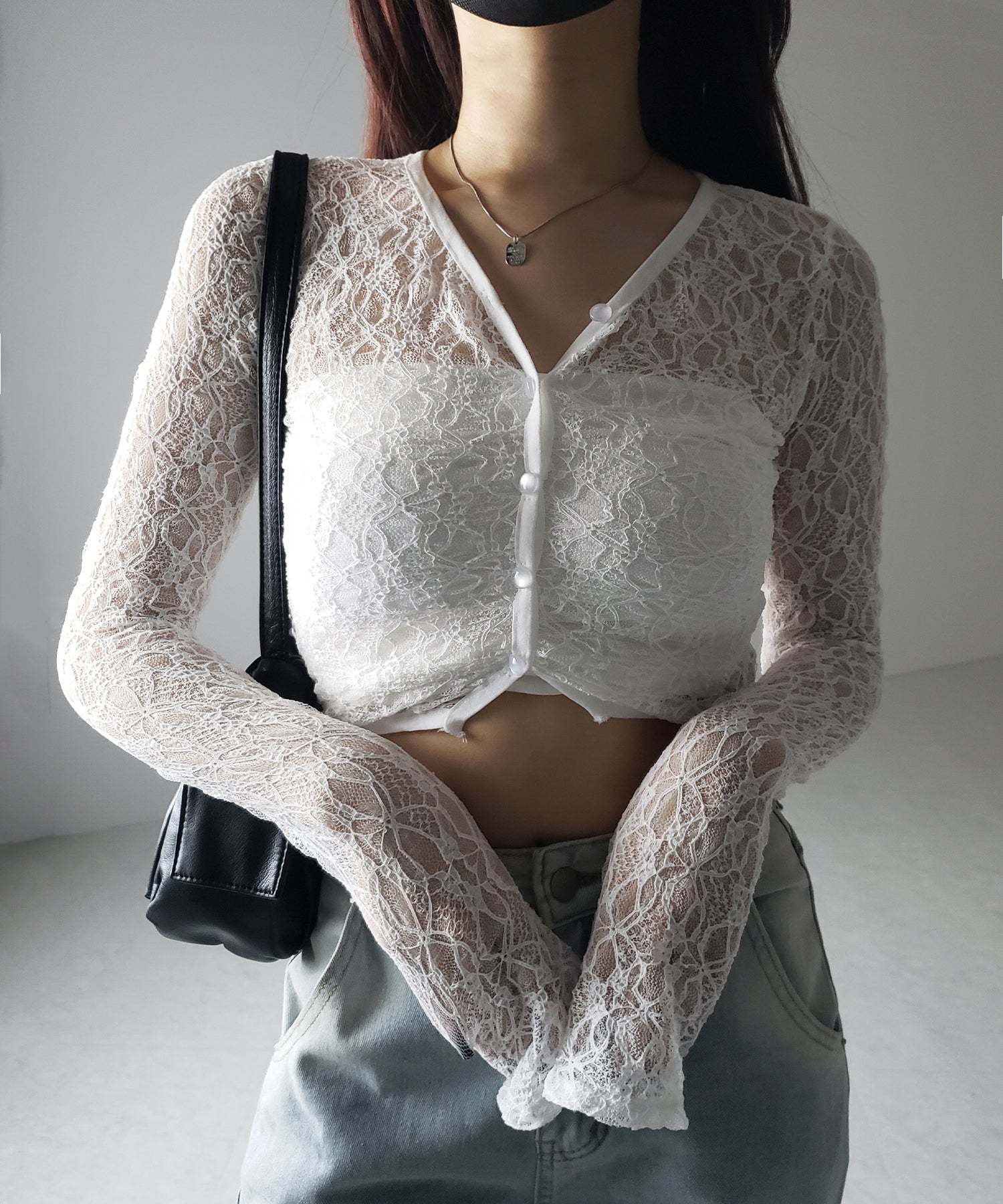 【 2color 】フロントボタンショートレースカーディガン / front button short lace cardigan