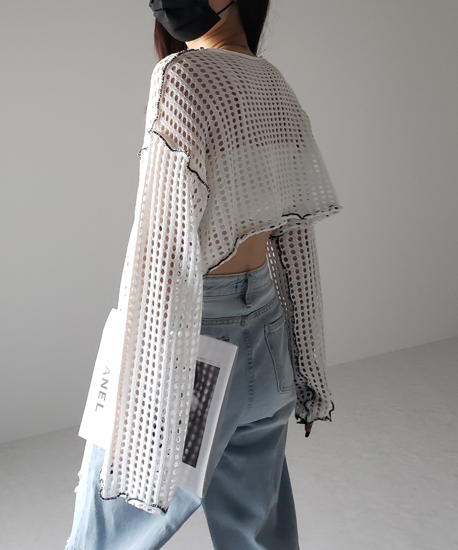 【 6color 】ワイドスリーブステッチクロシェショートニット