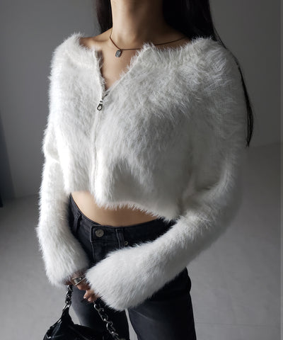 フロントジップショートシャギーニットカーディガン / front zip short shaggy knit cardigan