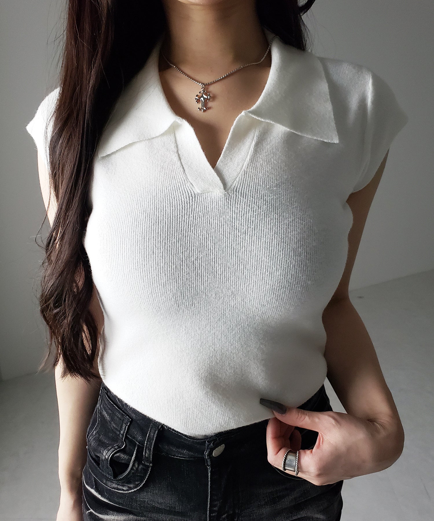 スキッパー半袖ニットトップス /skipper short sleeve knit tops