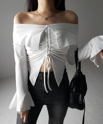 シャーリングフロントスリットオフショルトップス / shirring front slit offshoulder tops
