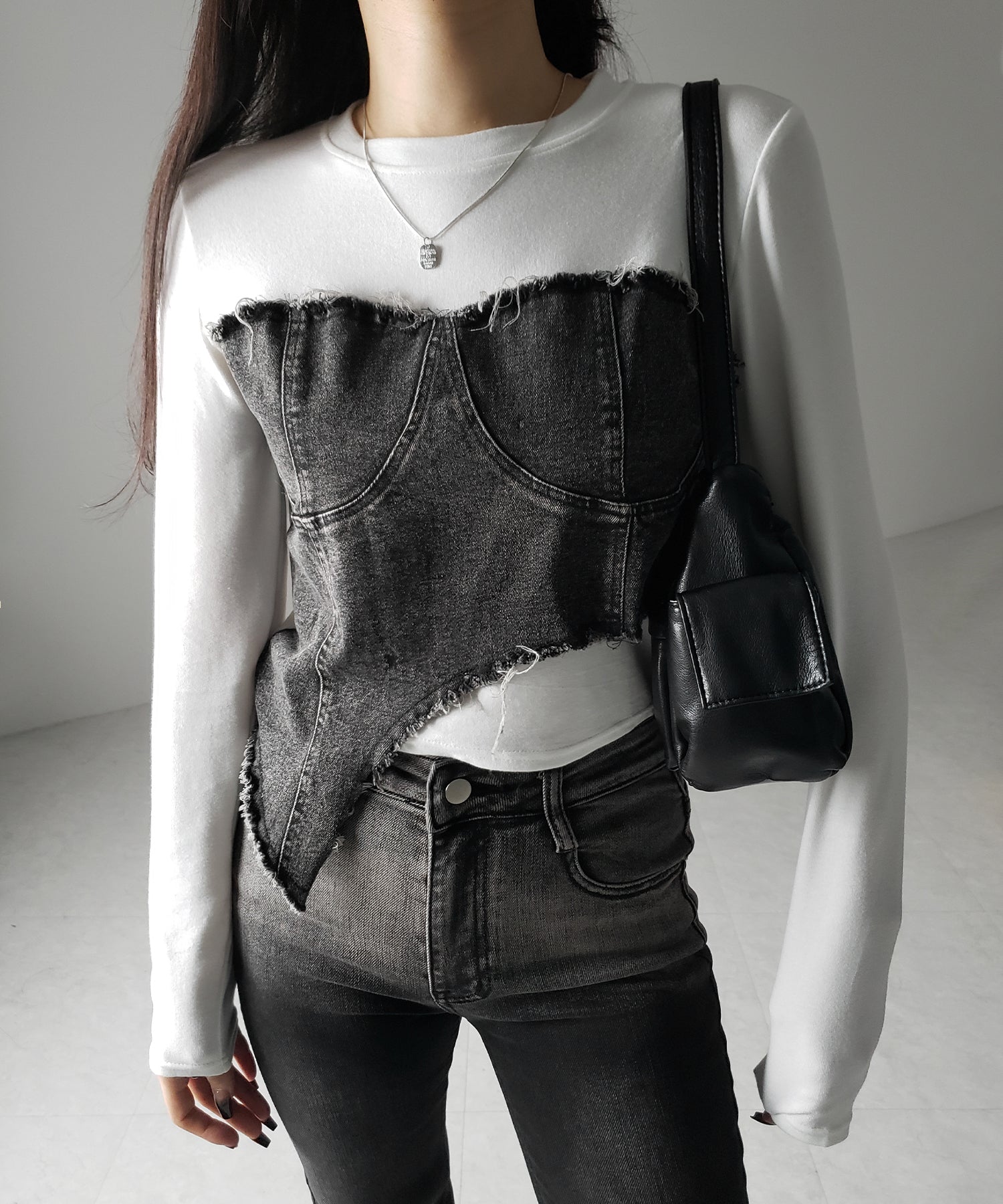 【 2color 】ダメージデニムビスチェドッキングTシャツ / damage denim bustier docking Tee