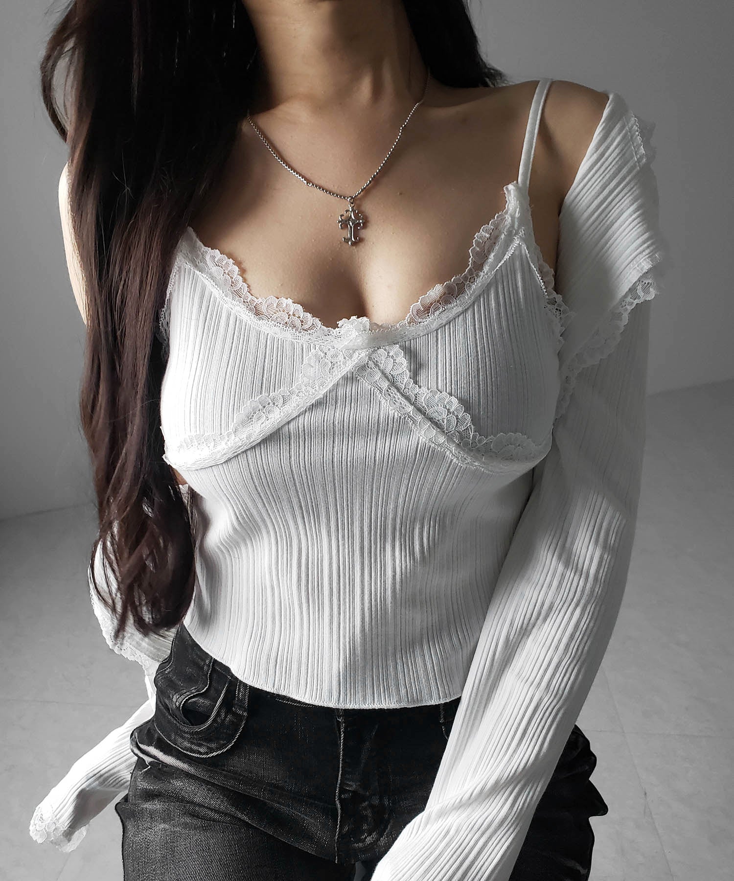 【 2点セット 】レースドッキングリブキャミソール + カーディガンセット / lace docking lib camisole + cardigan SET