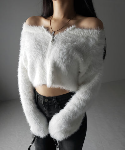フロントジップショートシャギーニットカーディガン / front zip short shaggy knit cardigan