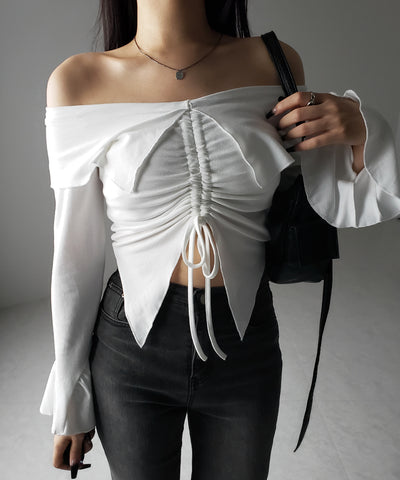 シャーリングフロントスリットオフショルトップス / shirring front slit offshoulder tops