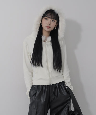 【 3color 】ファーフードジップアップパーカー / fur zipup hoodie