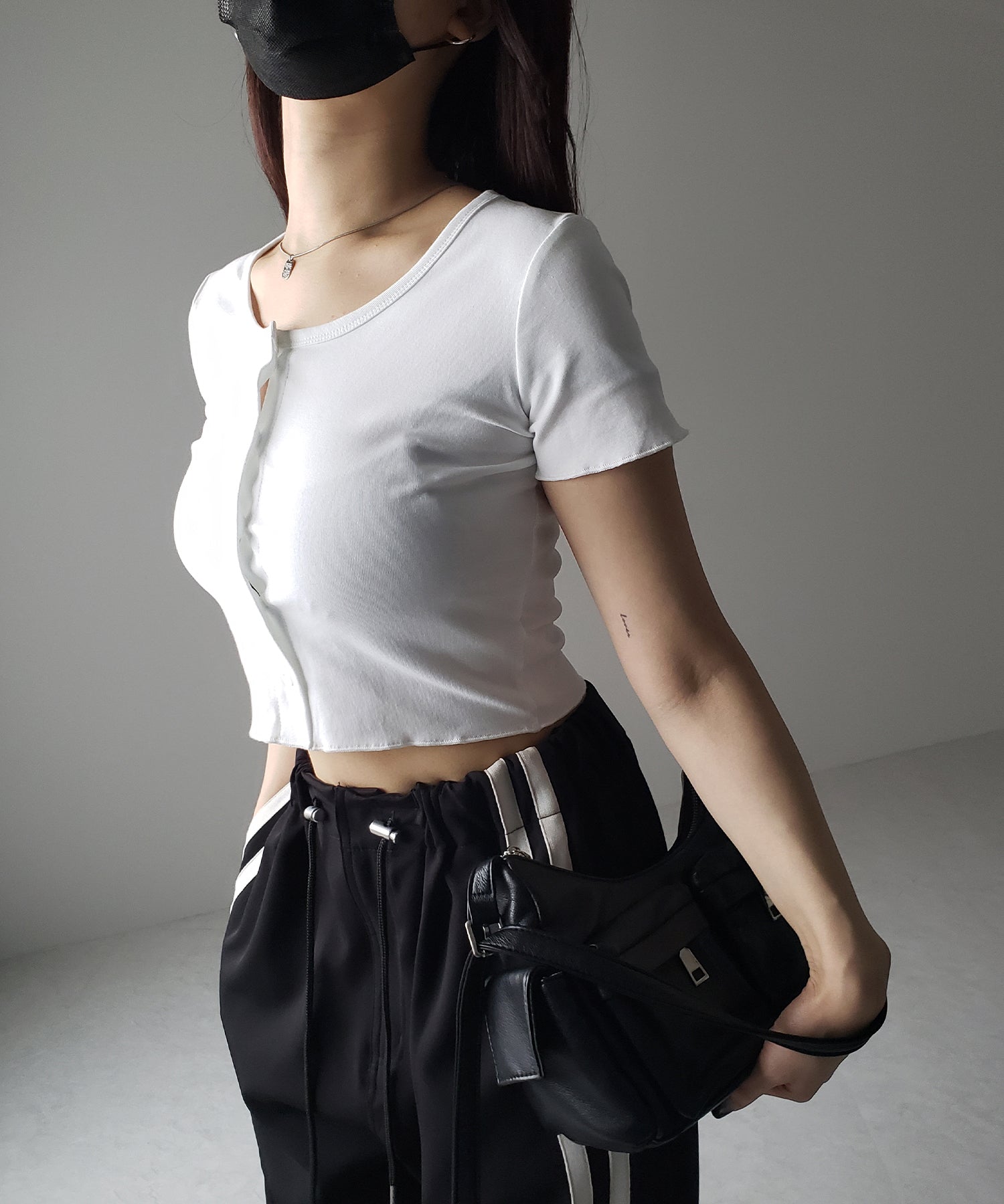【 3color 】フロントボタン半袖メローショートTシャツ / front button mellow short Tee