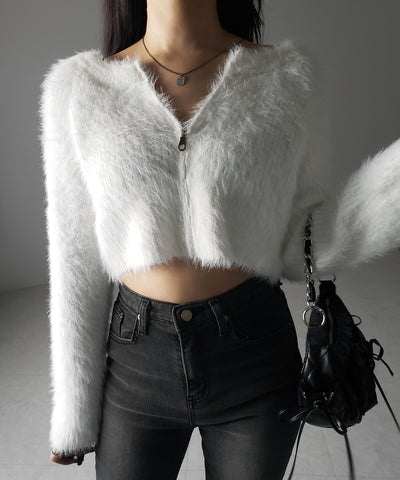 フロントジップショートシャギーニットカーディガン / front zip short shaggy knit cardigan