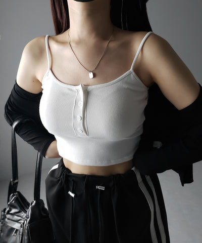 【 カップ付き 】フロントボタンヘンリーネックショートリブキャミソール / front button henry neck short rib camisole