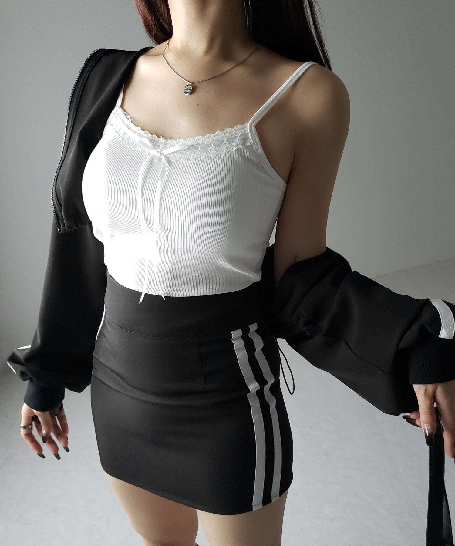 【 カップ付き 】サテンリボンレースリブキャミソール / satin ribbon lace lib camisole