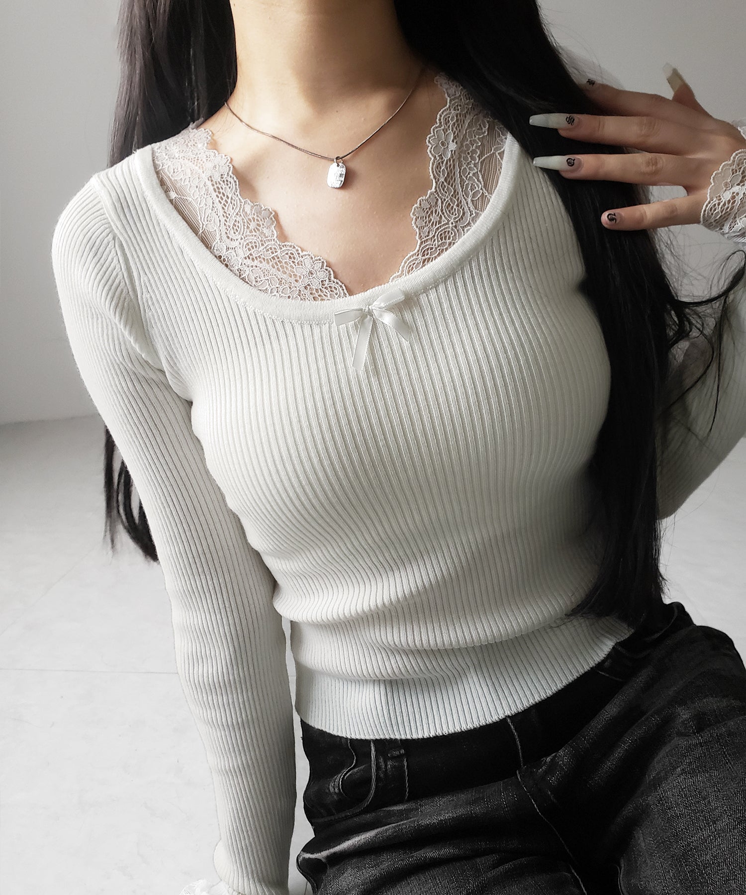 フロントリボンレース切替リブニットトップス / front ribbon lace switching ribbed knit tops