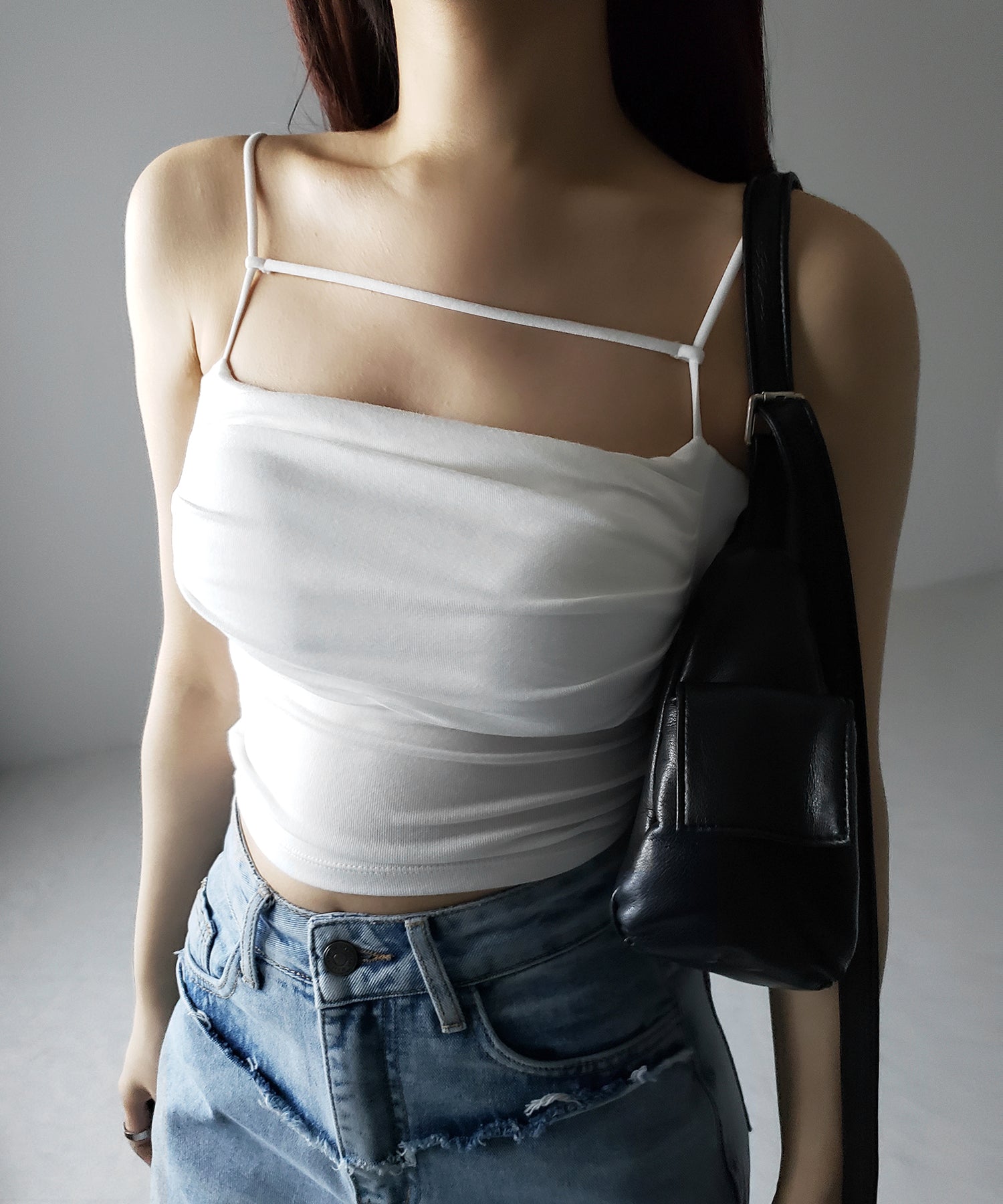 【 カップ付き/2WAY 】ラインストラップタックショートキャミソール / line strap tuck short camisole