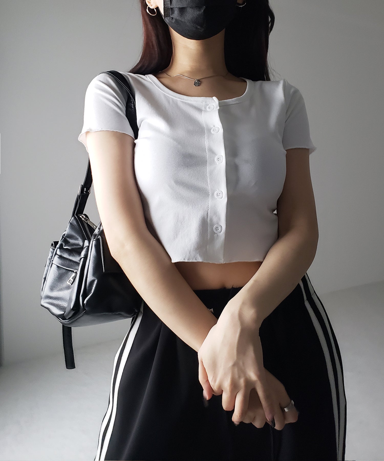 【 3color 】フロントボタン半袖メローショートTシャツ / front button mellow short Tee
