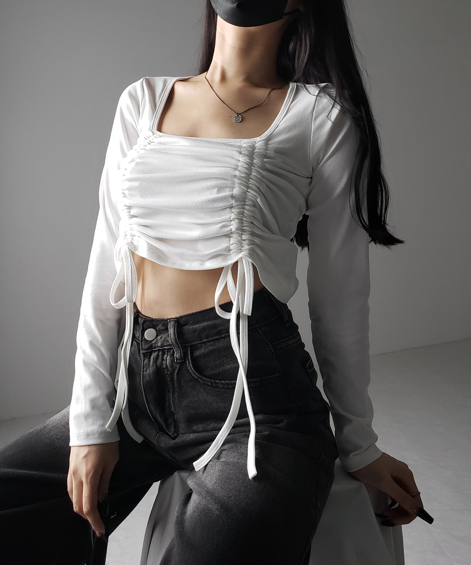 【 3color 】 ダブルシャーリングリボンスクエアネックトップス / double shirring ribbon square neck tops