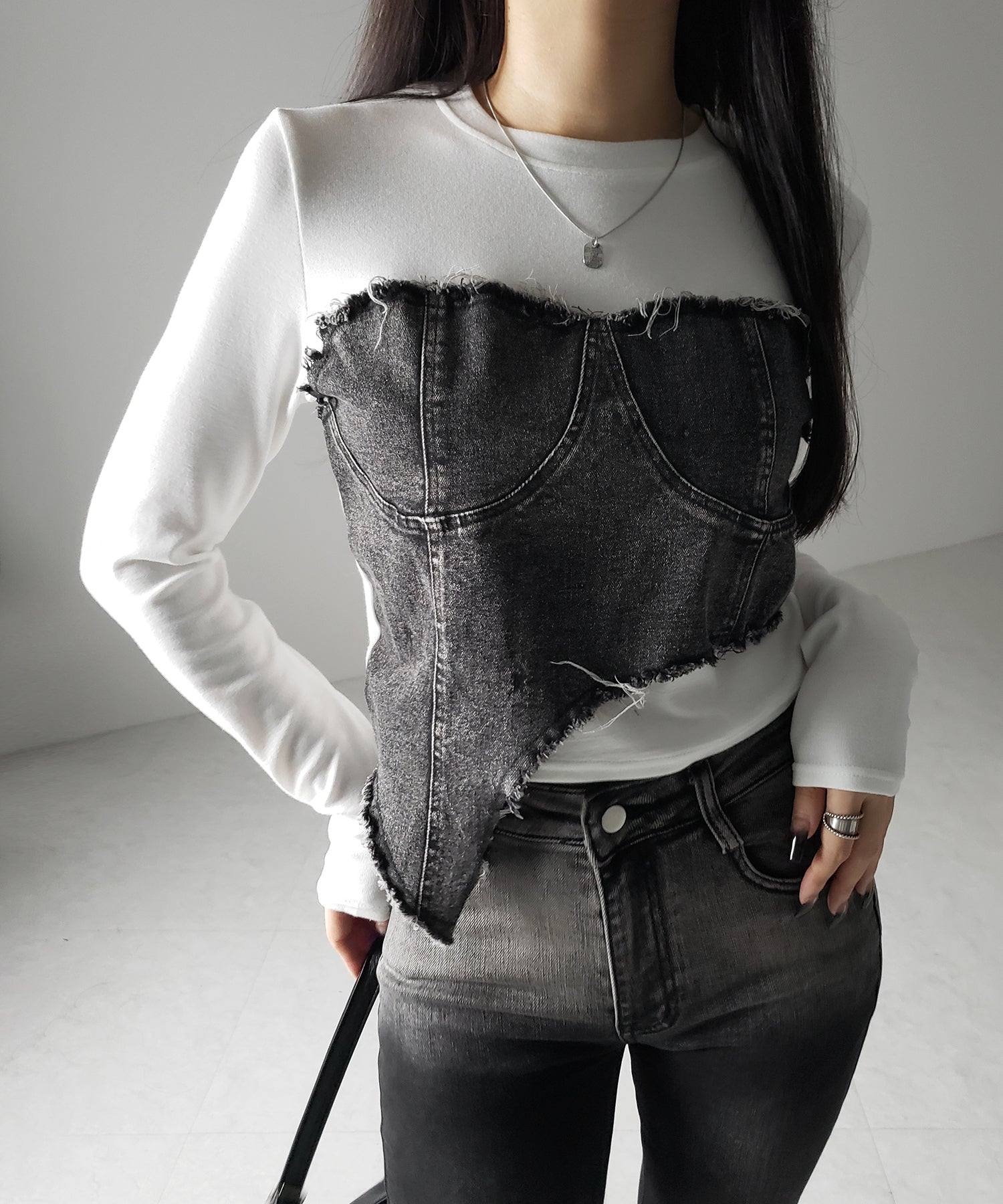 【 2color 】ダメージデニムビスチェドッキングTシャツ / damage denim bustier docking Tee