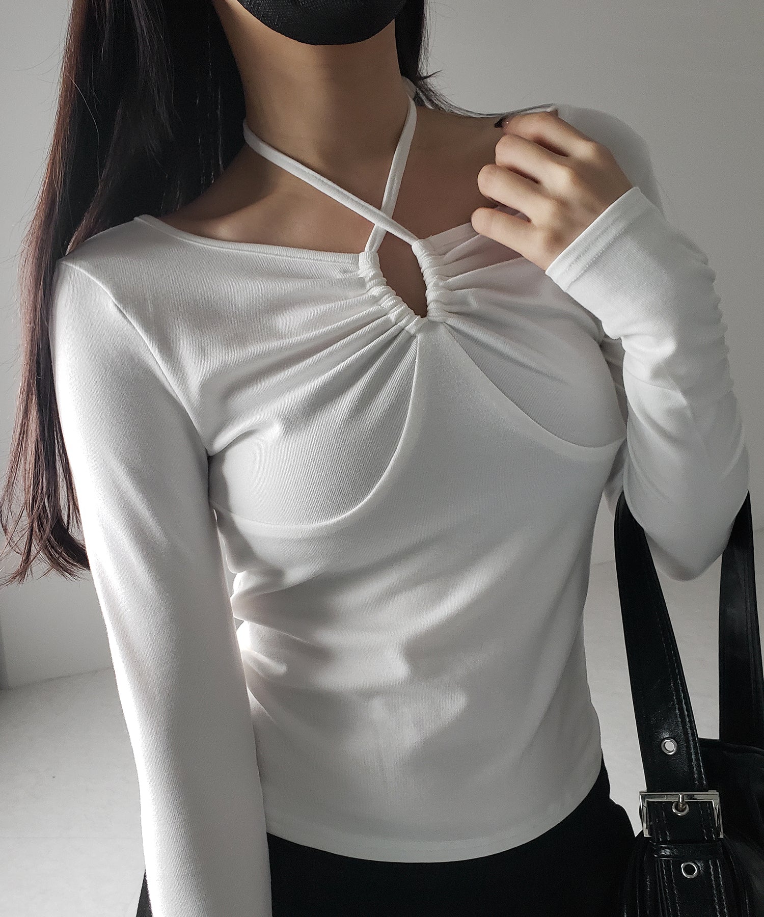 【 3WAY 】クロスストラップリボンギャザーカットソートップス / cross strap ribbon gather cutsew tops