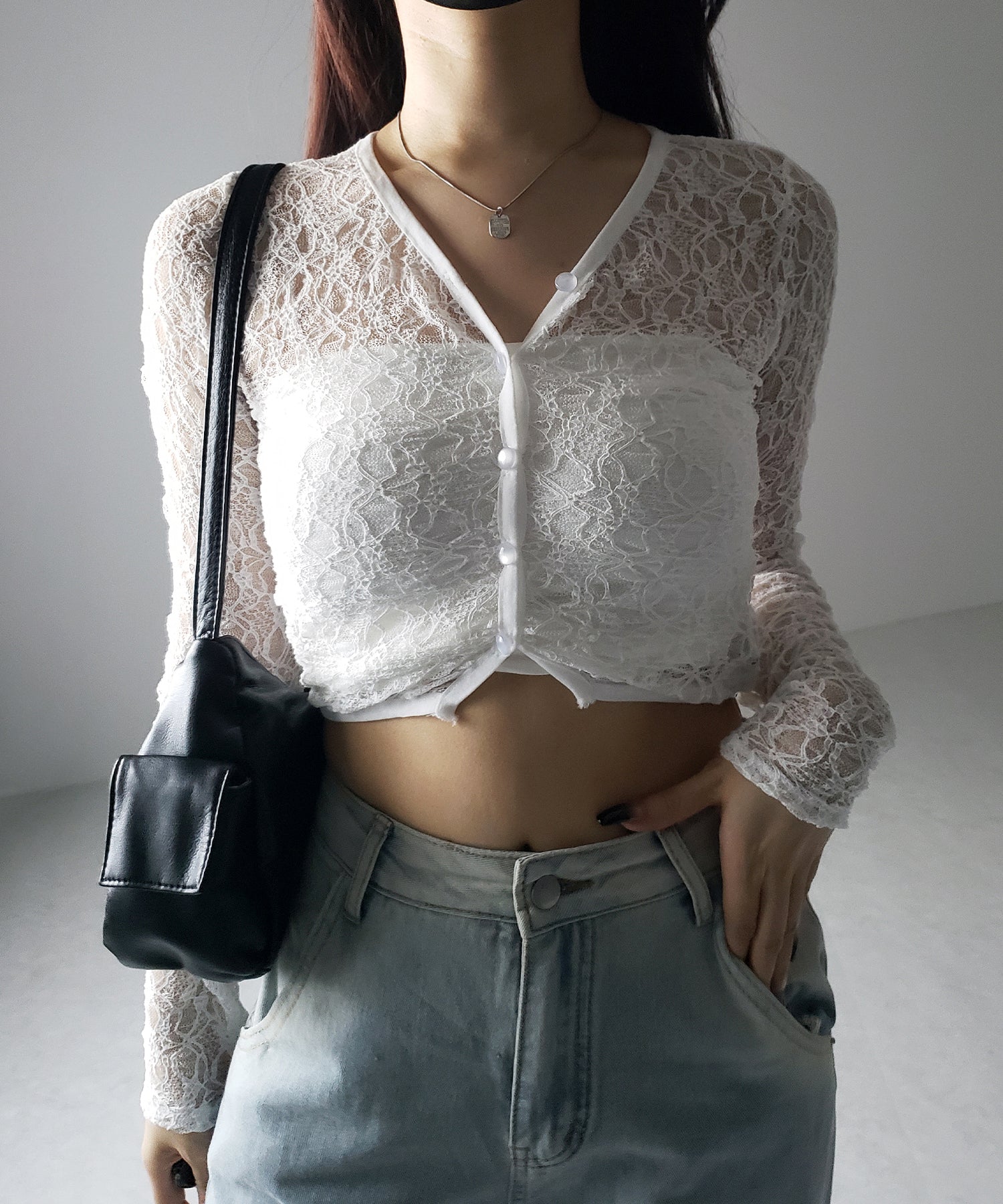 【 2color 】フロントボタンショートレースカーディガン / front button short lace cardigan