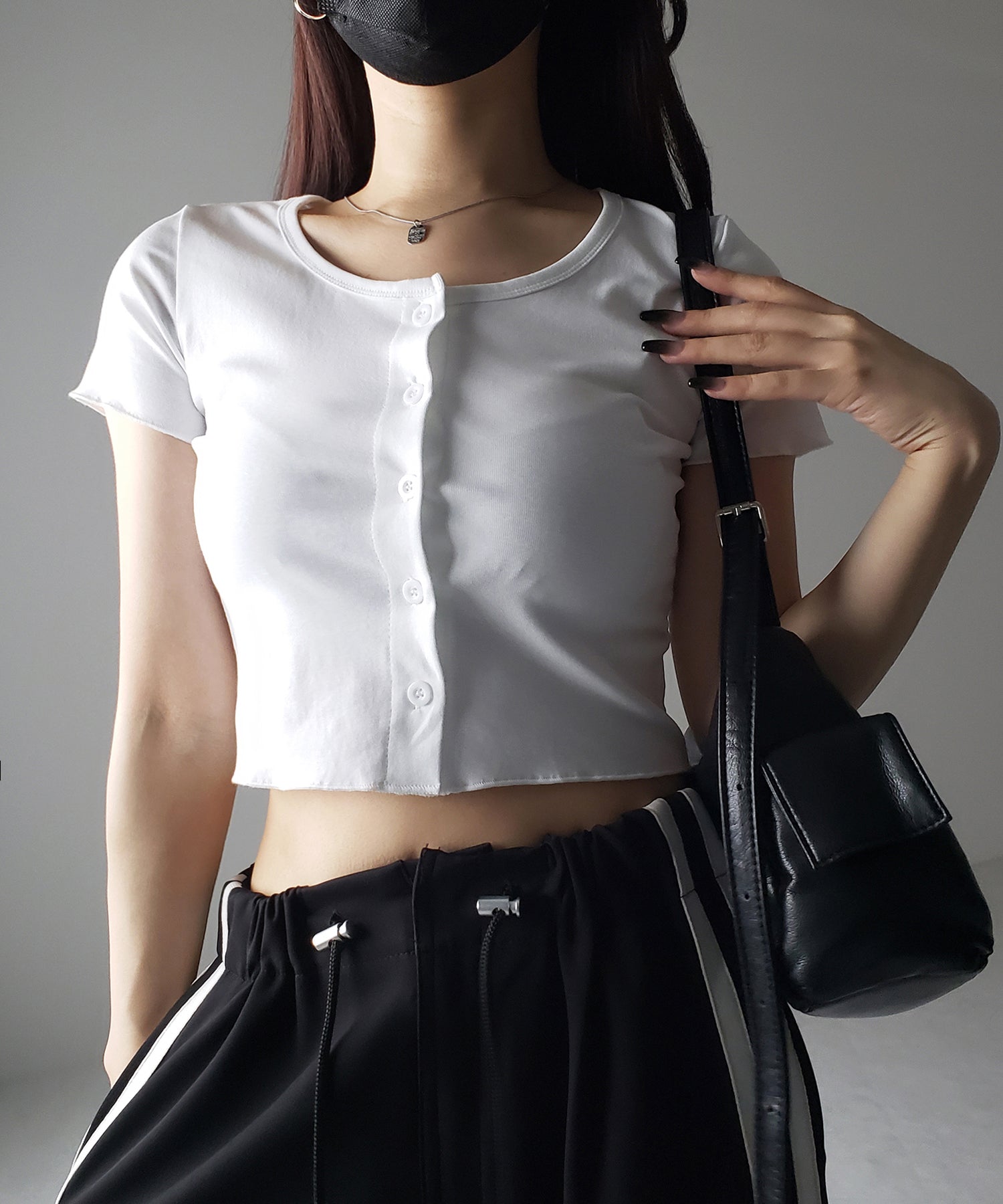 【 3color 】フロントボタン半袖メローショートTシャツ / front button mellow short Tee