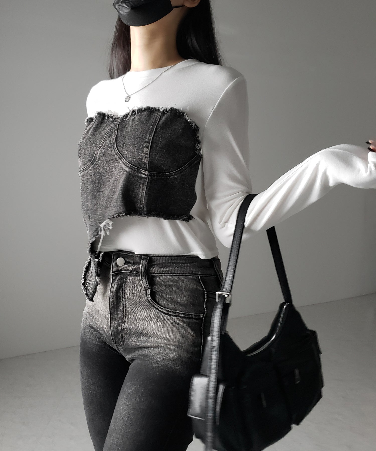 【 2color 】ダメージデニムビスチェドッキングTシャツ / damage denim bustier docking Tee