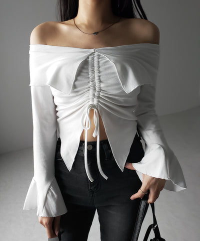 シャーリングフロントスリットオフショルトップス / shirring front slit offshoulder tops