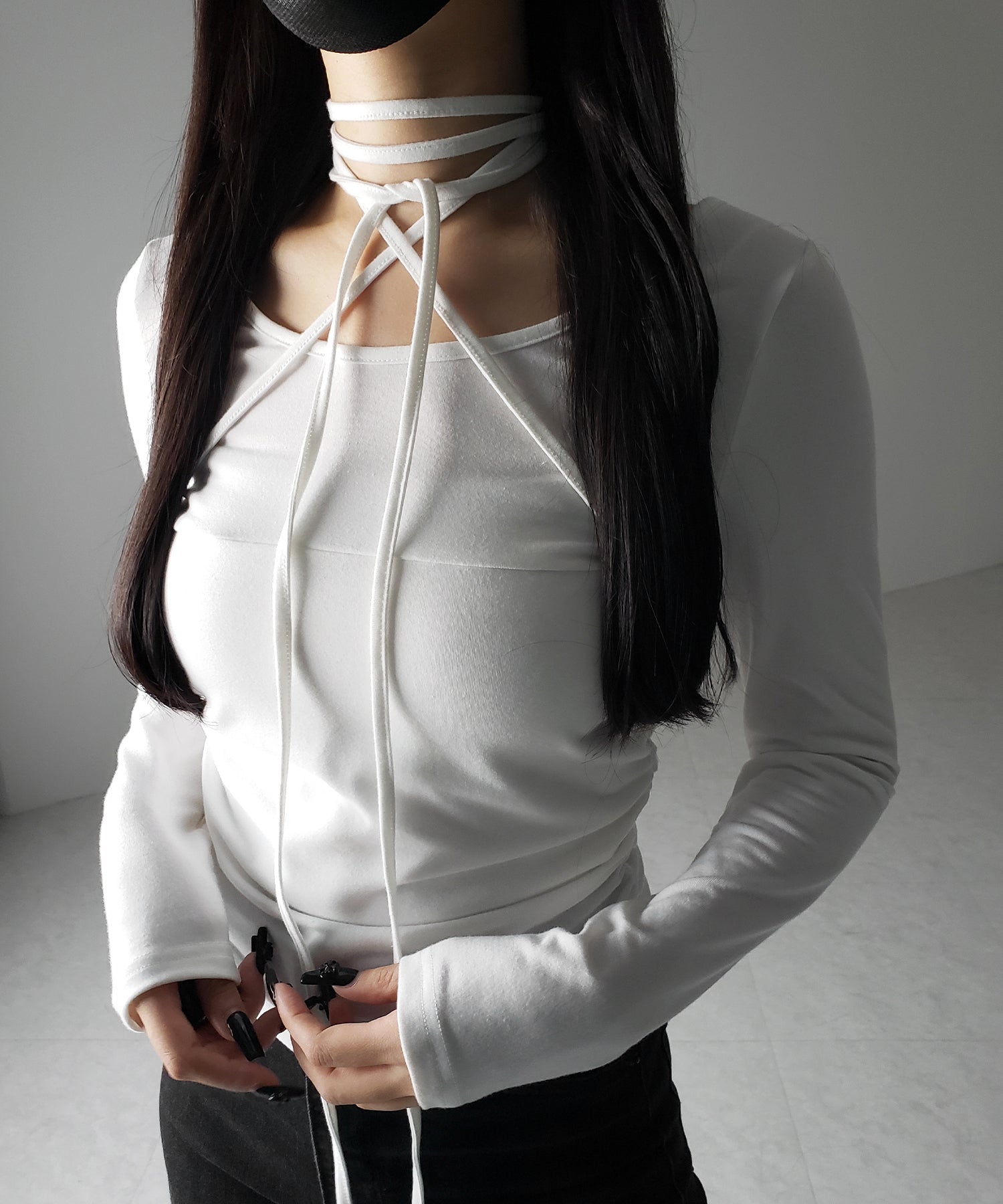 【 3color 】クロスストラップロングチョーカーリボントップス / cross strap long choker ribbon tops