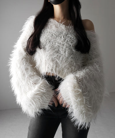【 選べる6色展開 】フラッフィーシャギールーズショートニット / fluffy shaggy loose short knit