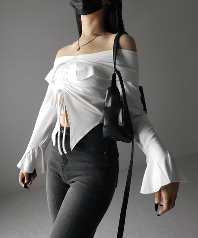 シャーリングフロントスリットオフショルトップス / shirring front slit offshoulder tops