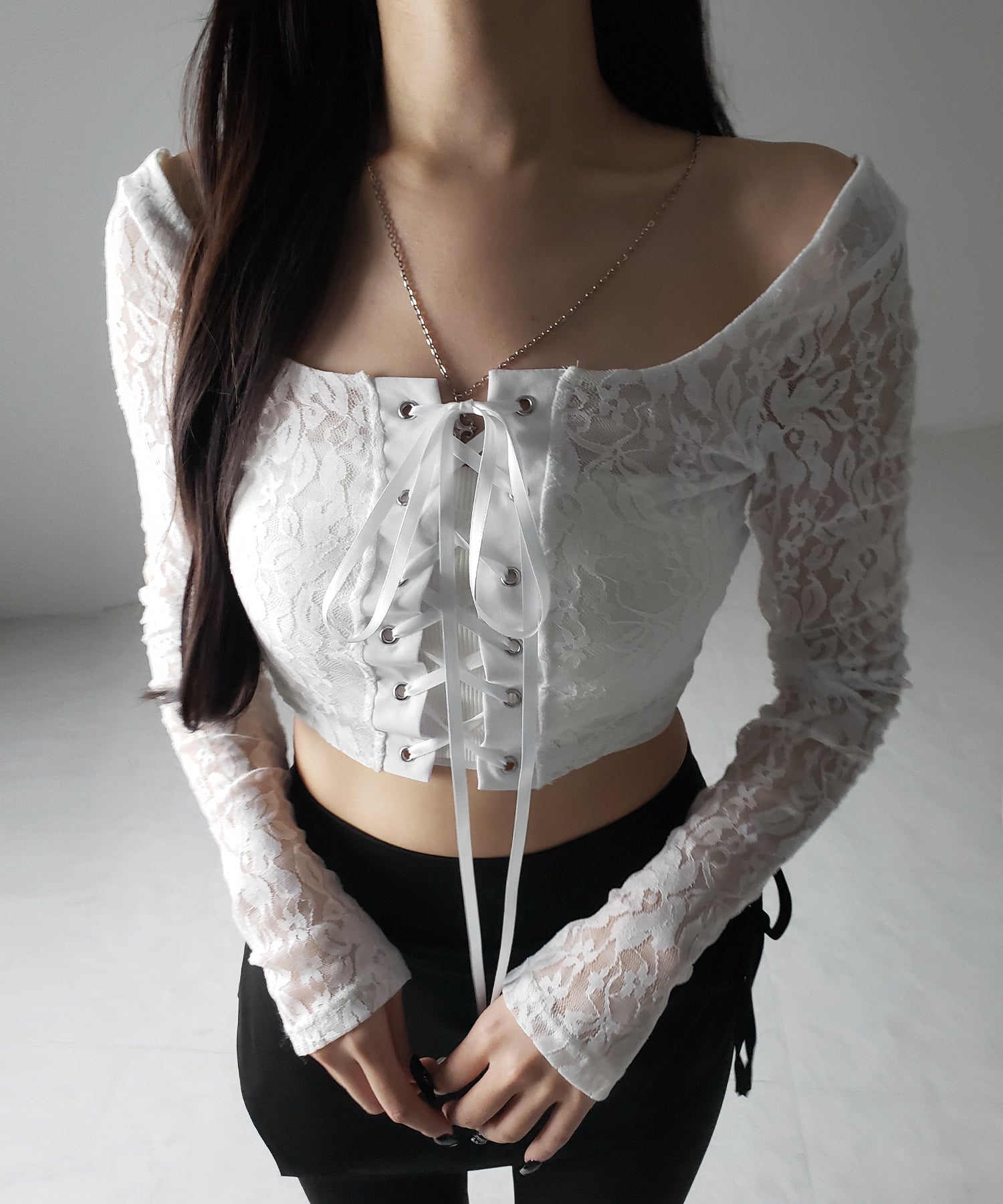 レースアップコルセットリボンショートレーストップス / laceup corset ribbon short lace tops
