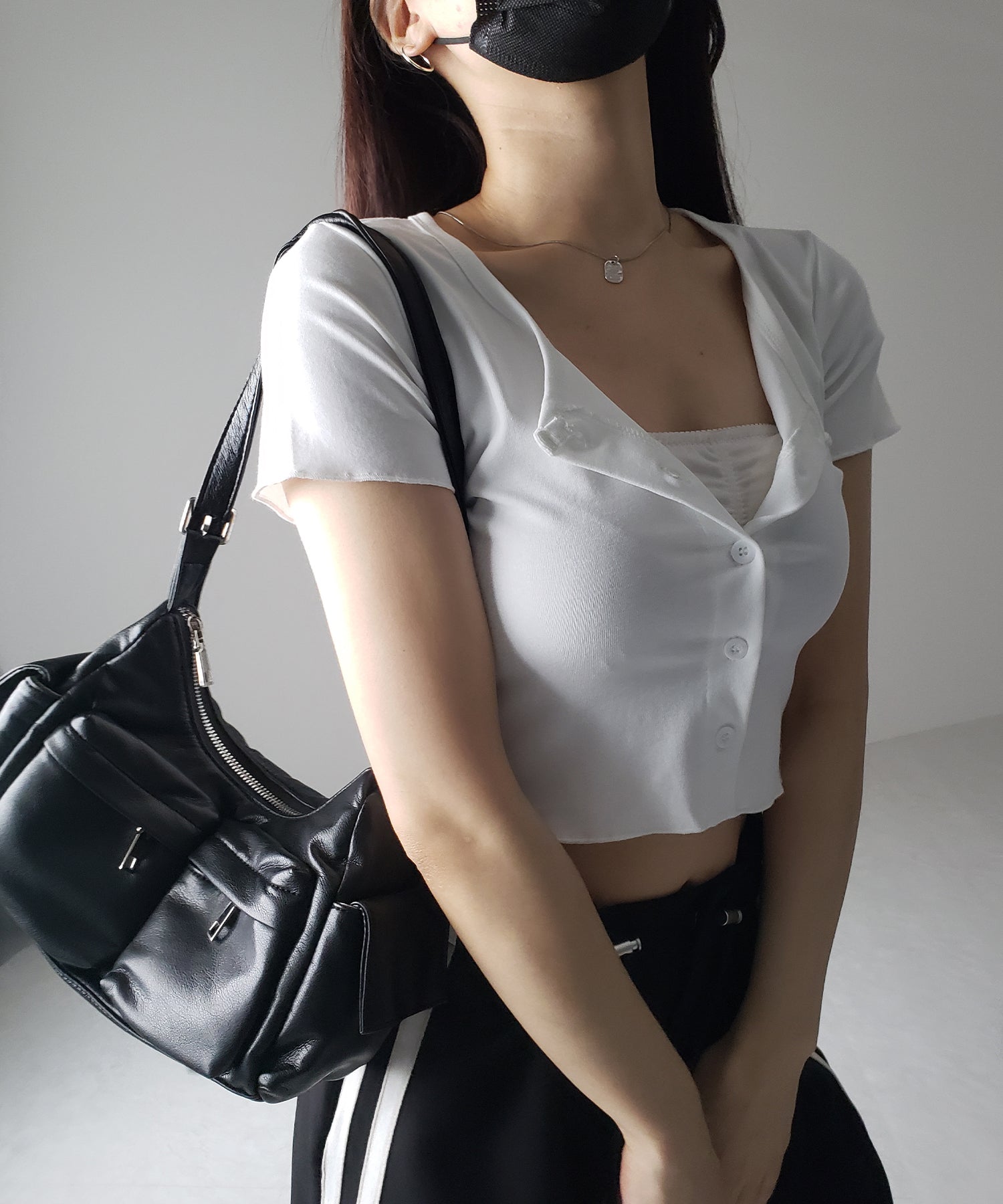 【 3color 】フロントボタン半袖メローショートTシャツ / front button mellow short Tee