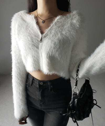 フロントジップショートシャギーニットカーディガン / front zip short shaggy knit cardigan