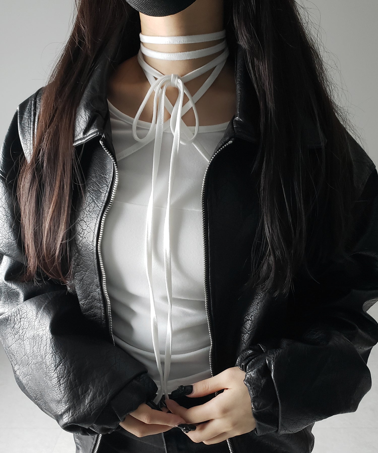 【 3color 】クロスストラップロングチョーカーリボントップス / cross strap long choker ribbon tops